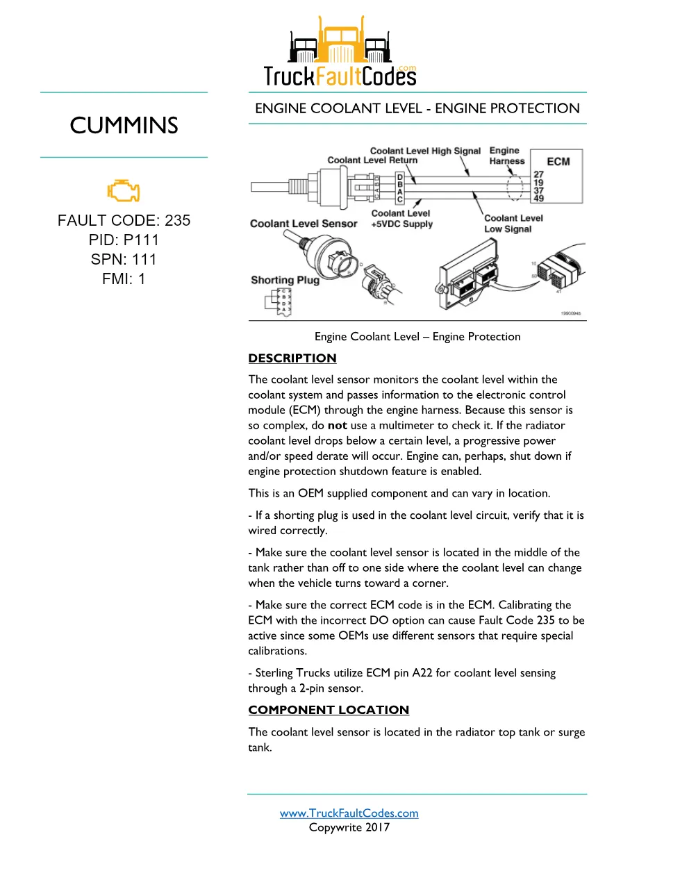 Cummins coolant level troubleshooting — Fault Code 235 — PDF, 6 - preview page 1 of 3