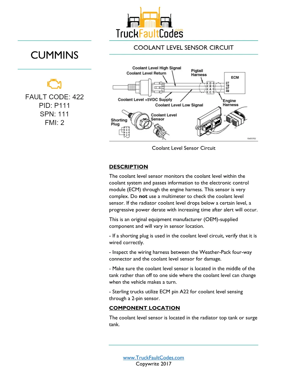 Cummins coolant sensor DTCs troubleshooting manual — Fault Code 422 - preview page 1 of 3