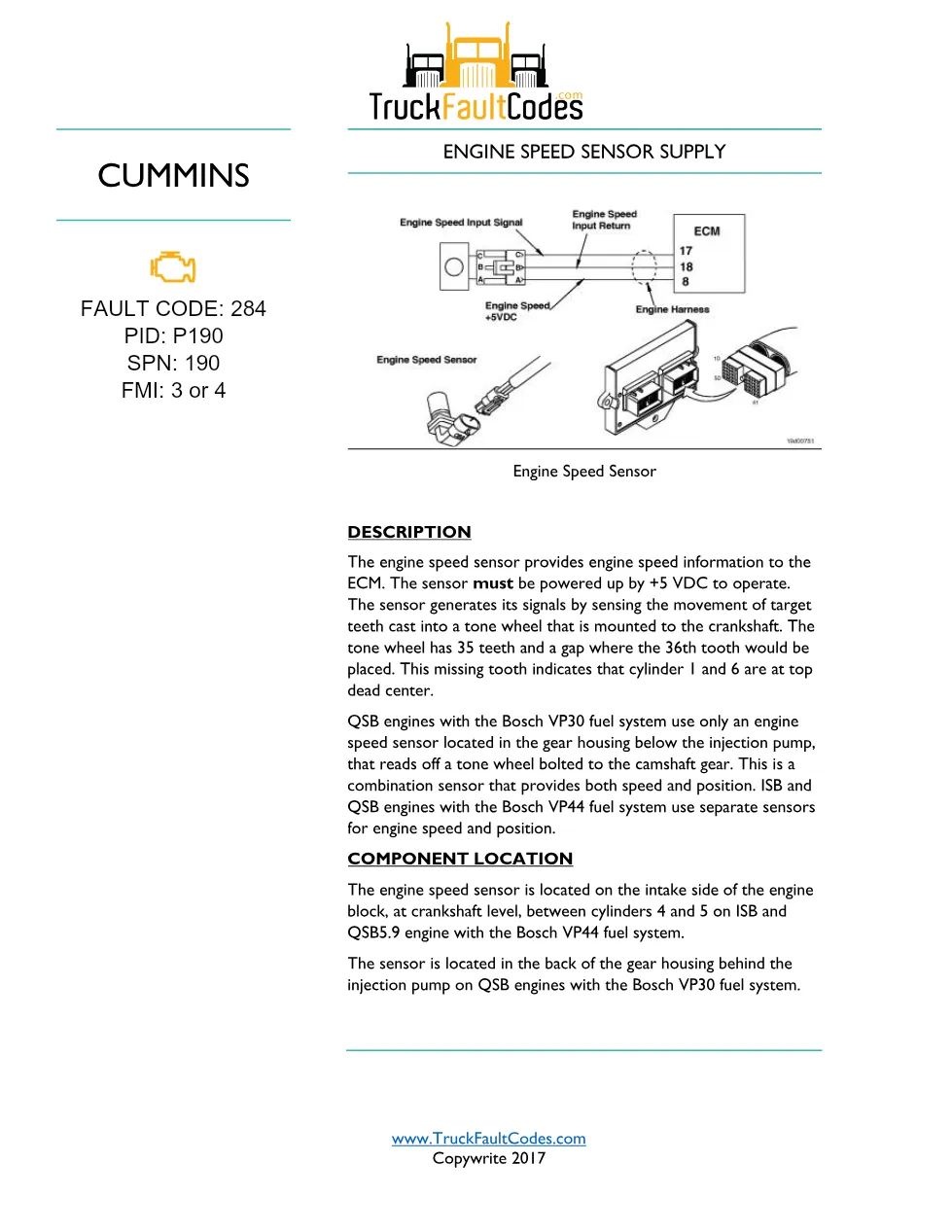 Cummins engine speed sensor Fault Code 284 — Diagnostic PDF, 5 - preview page 1 of 3
