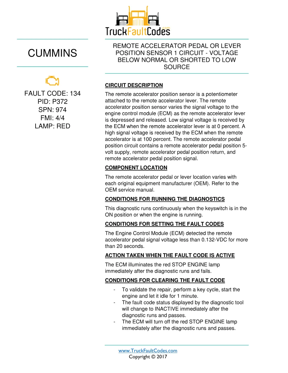 Cummins fault 134 Diagnostic Procedure — Code 134 — PDF, 2 pages - preview page 1 of 2