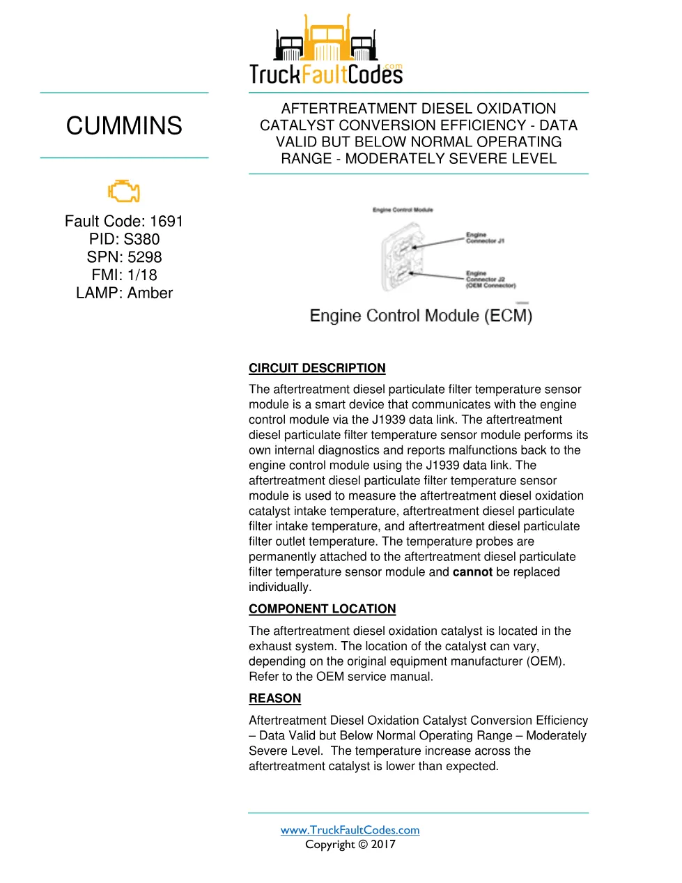 Cummins fault 1691 diagnostic procedure – AFTERTREATMENT DIESEL - preview page 1 of 3