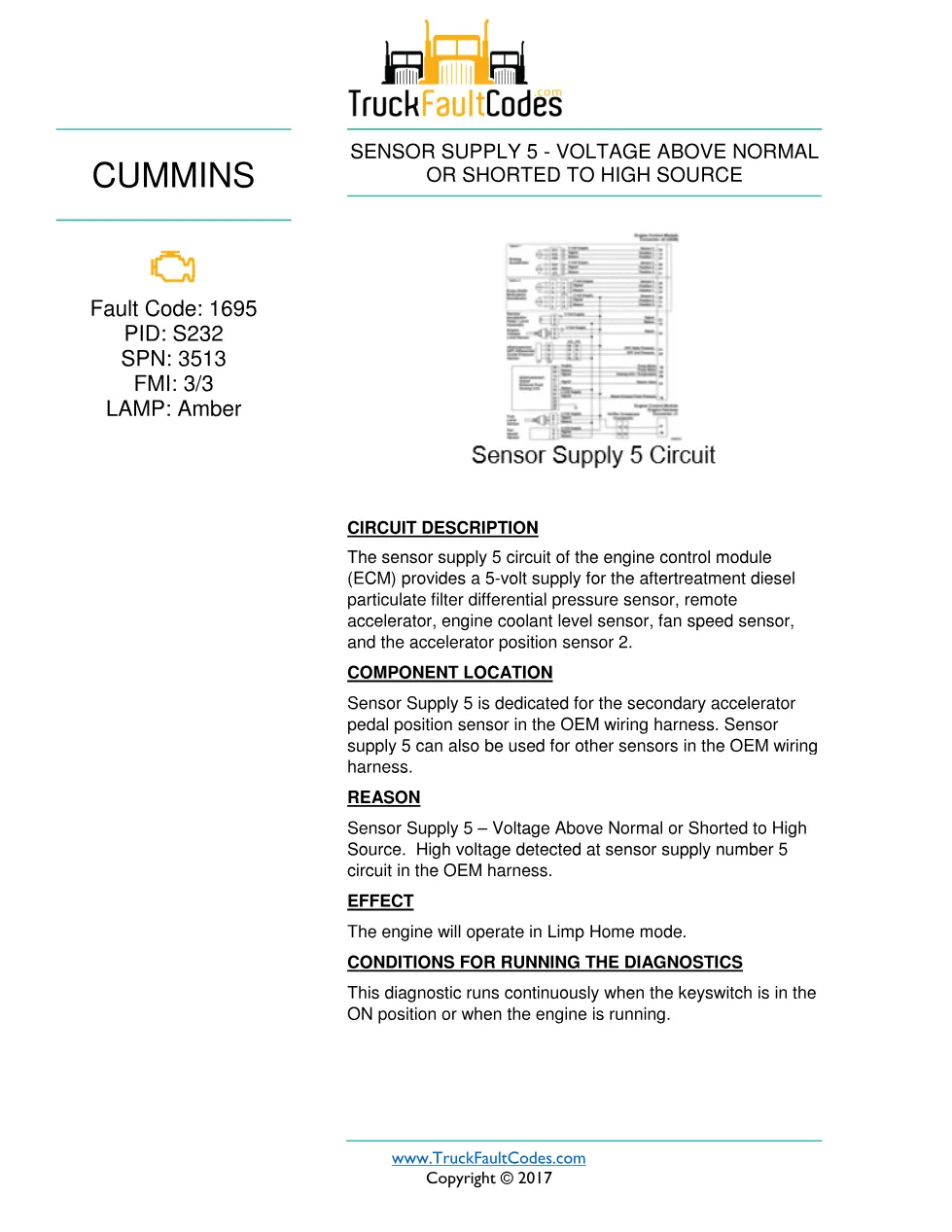 Cummins fault 1695 diagnostic procedure – SENSOR SUPPLY 5 – PDF - preview page 1 of 3