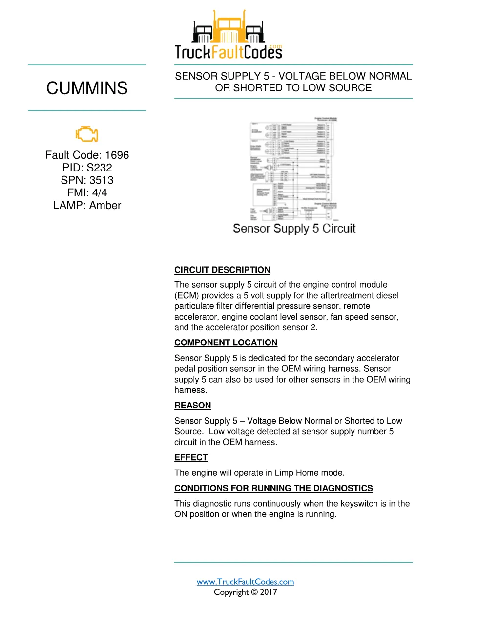 Cummins fault 1696 diagnostic procedure – SENSOR SUPPLY 5 – PDF - preview page 1 of 3