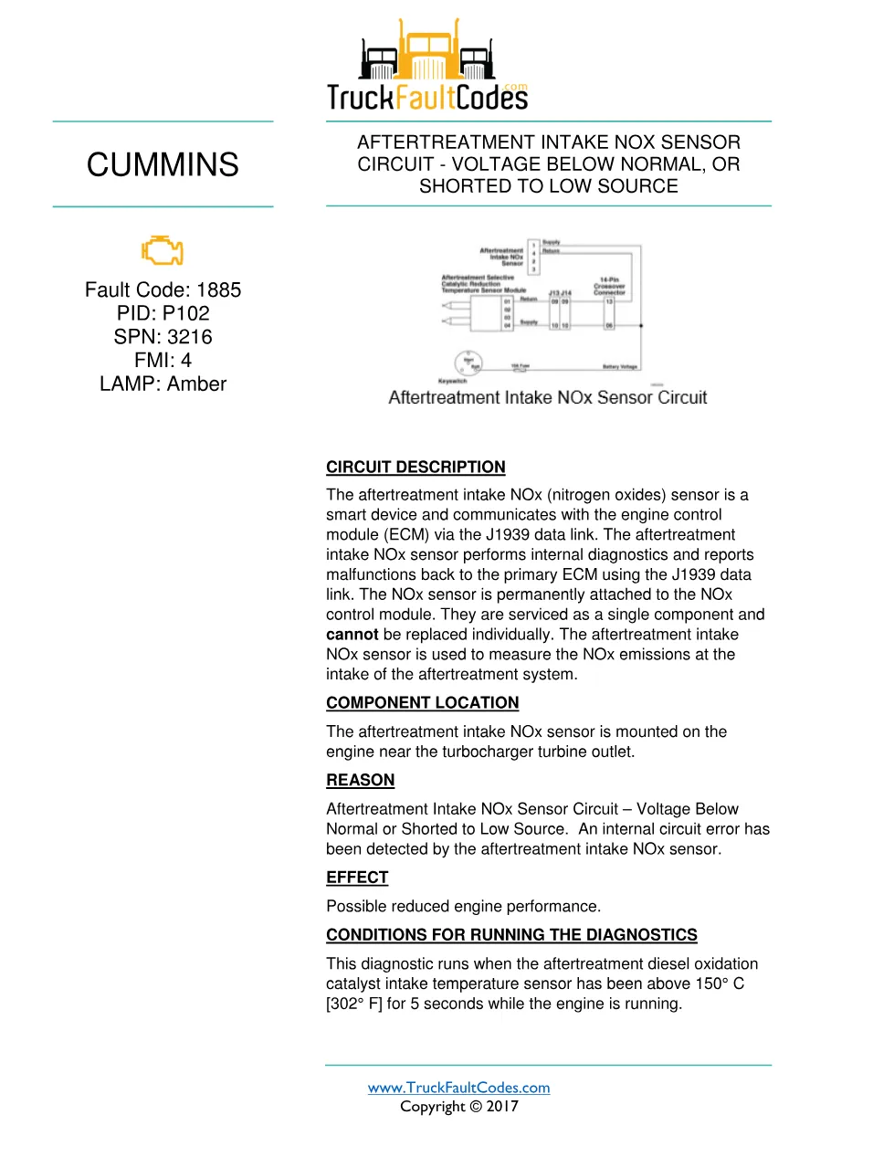 Cummins fault 1885 diagnostic procedure – AFTERTREATMENT INTAKE - preview page 1 of 3