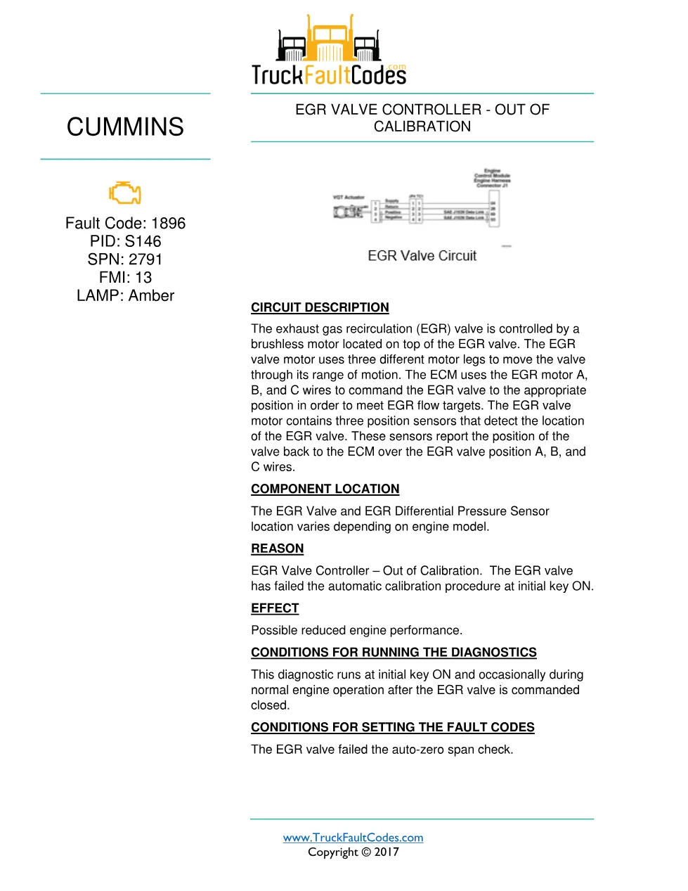 Cummins fault 1896 diagnostic procedure – EGR VALVE CONTROLLER - preview page 1 of 3