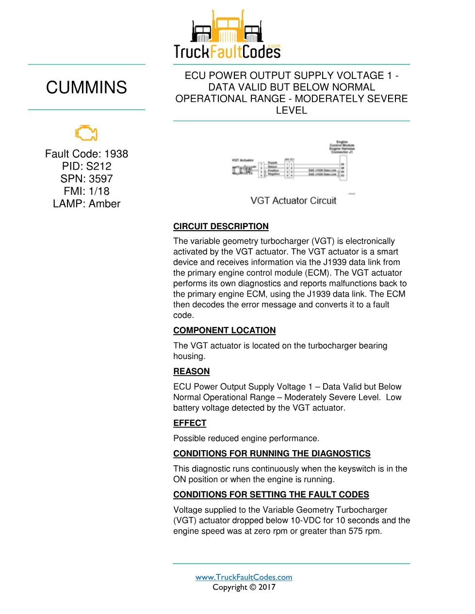 Cummins fault 1938 diagnostic procedure – ECU POWER OUTPUT SUPPLY - preview page 1 of 3