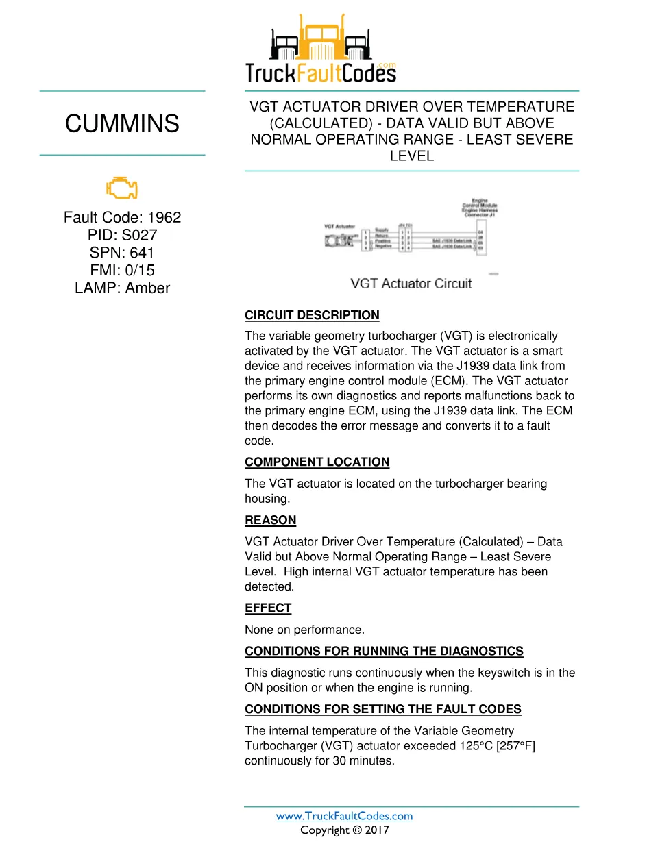 Cummins fault 1962 diagnostic procedure – VGT ACTUATOR DRIVER - preview page 1 of 3