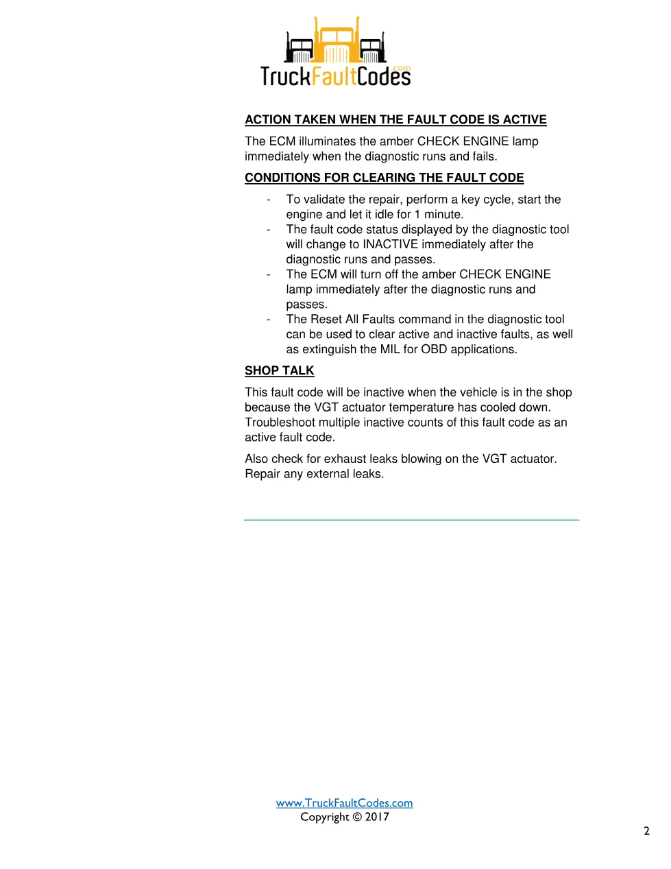 Cummins fault 1962 diagnostic procedure – VGT ACTUATOR DRIVER - preview page 2 of 3