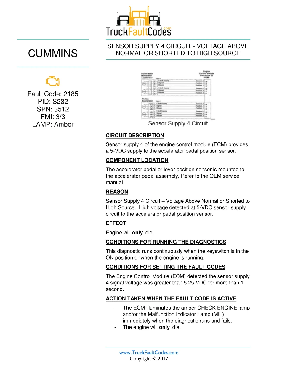 Cummins fault 2185 DTCs diagnostic procedure – SENSOR SUPPLY 4 - preview page 1 of 3