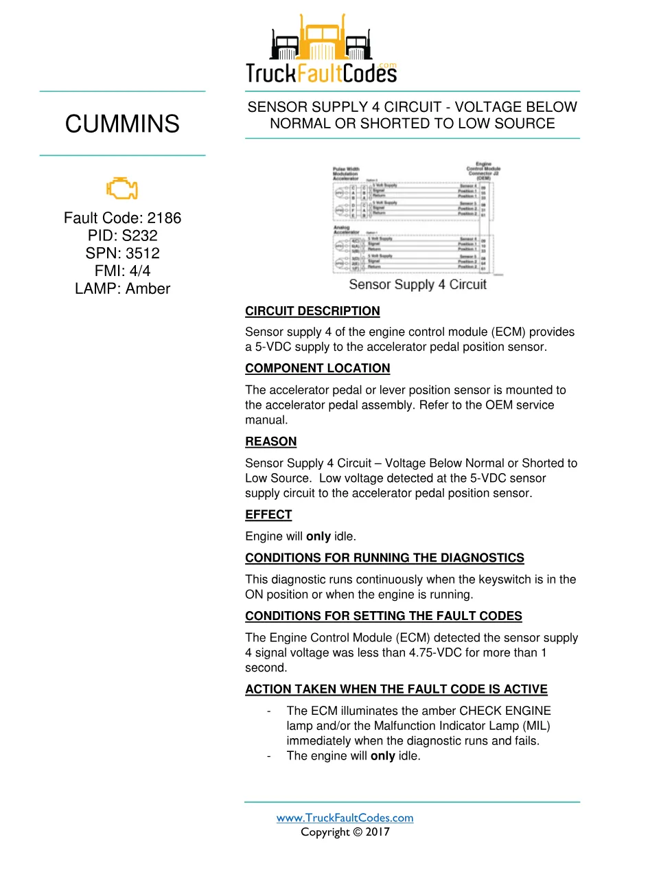 Cummins fault 2186 diagnostic procedure – SENSOR SUPPLY 4 CIRCUIT - preview page 1 of 3