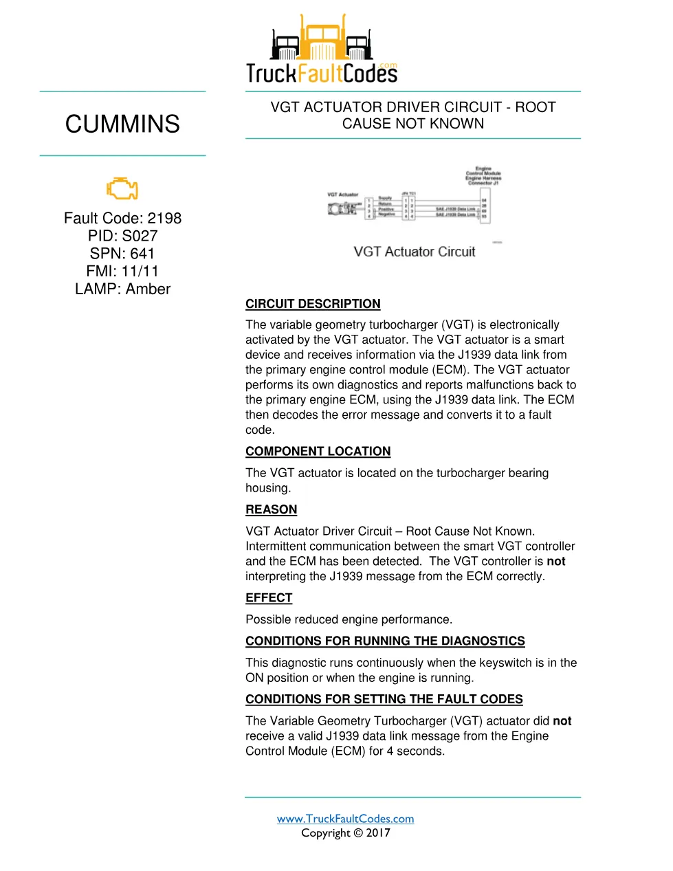 Cummins fault 2198 diagnostic procedure – VGT ACTUATOR DRIVER - preview page 1 of 3