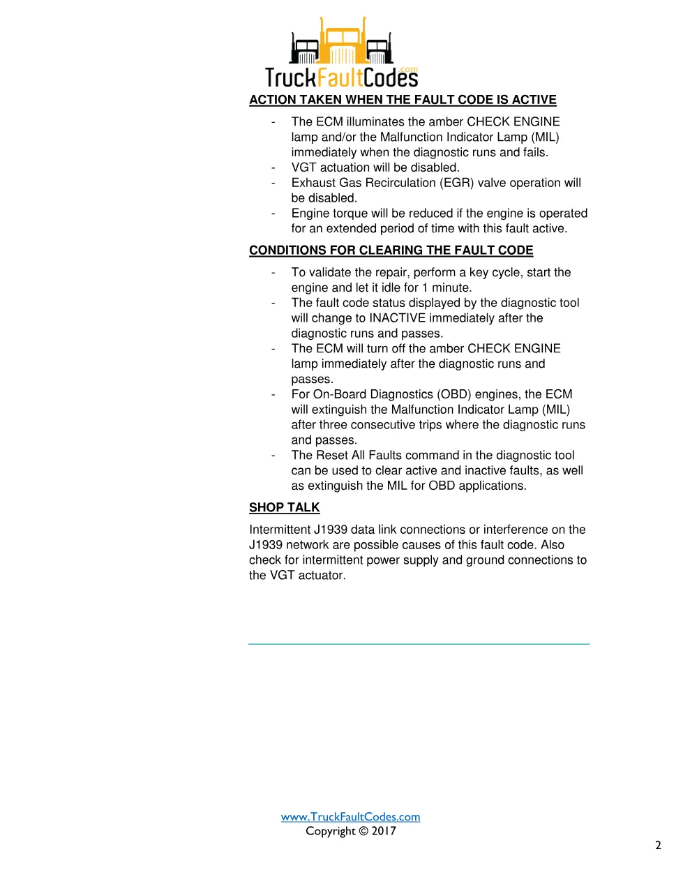 Cummins fault 2198 diagnostic procedure – VGT ACTUATOR DRIVER - preview page 2 of 3