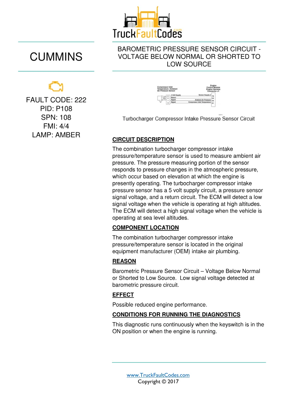 Cummins fault 222 diagnostic procedure – BAROMETRIC PRESSURE - preview page 1 of 3
