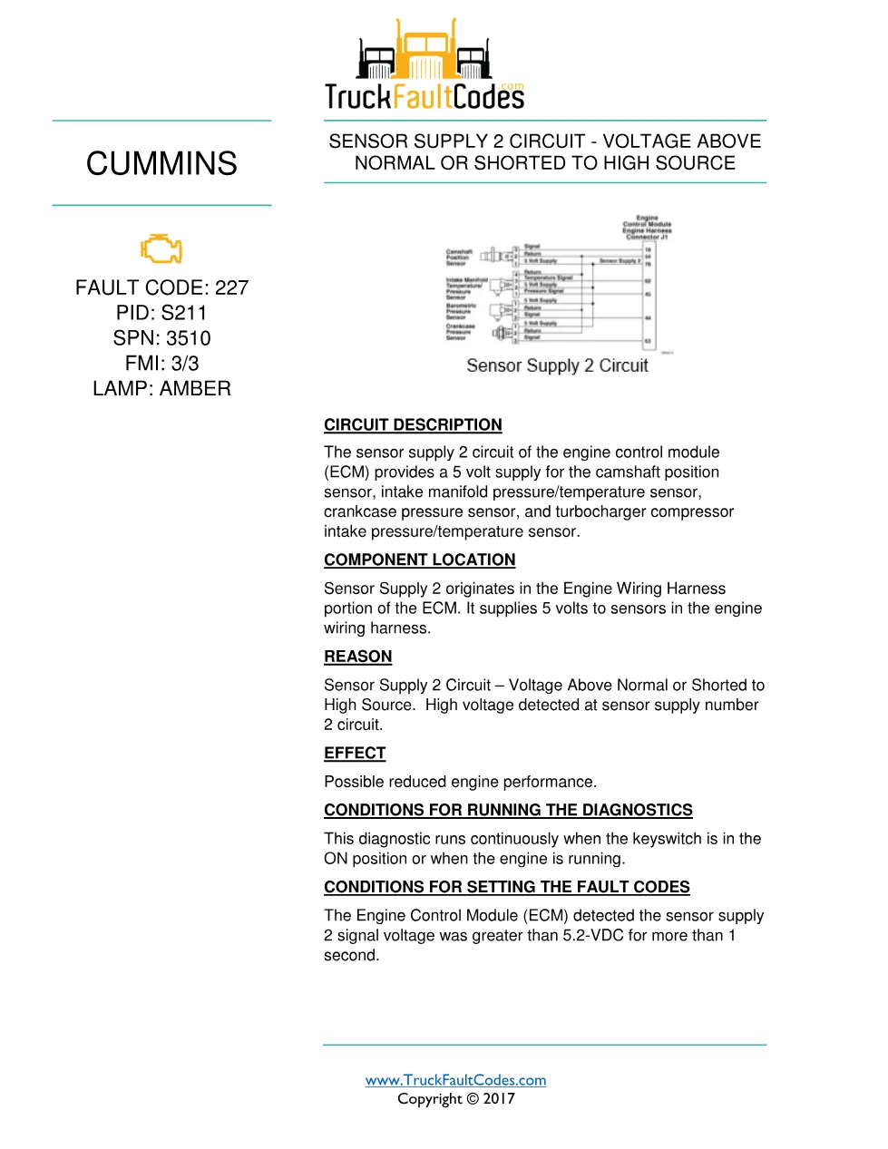 Cummins fault 227 diagnostic procedure – SENSOR SUPPLY 2 CIRCUIT - preview page 1 of 3