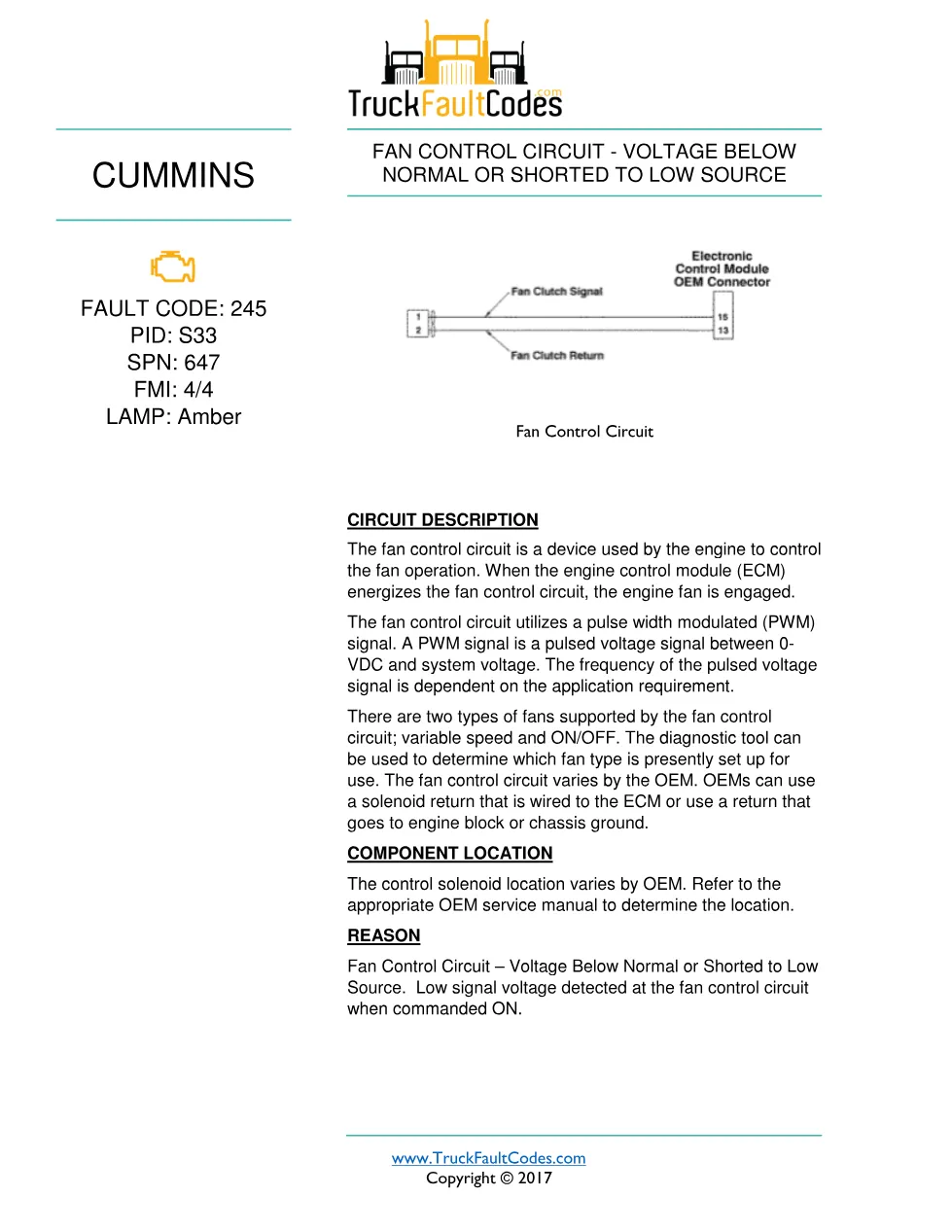 Cummins fault 245 diagnostic procedure – FAN CONTROL CIRCUIT - preview page 1 of 3