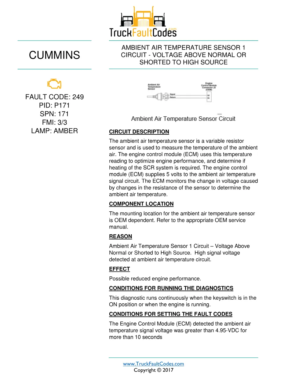 Cummins fault 249 diagnostic procedure – AMBIENT AIR TEMPERATURE - preview page 1 of 3