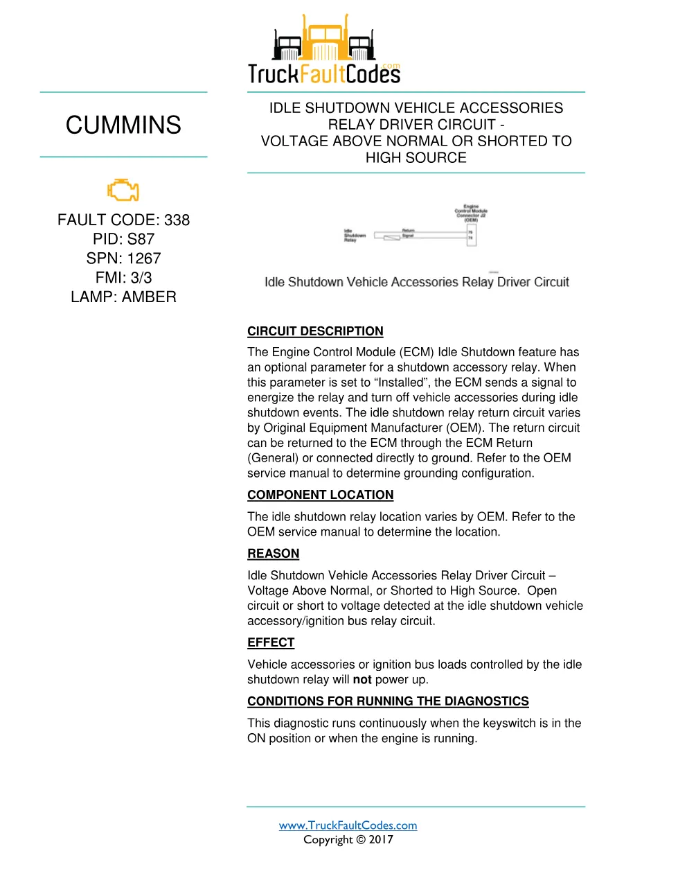 Cummins fault 338 diagnostic procedure – IDLE SHUTDOWN VEHICLE - preview page 1 of 3