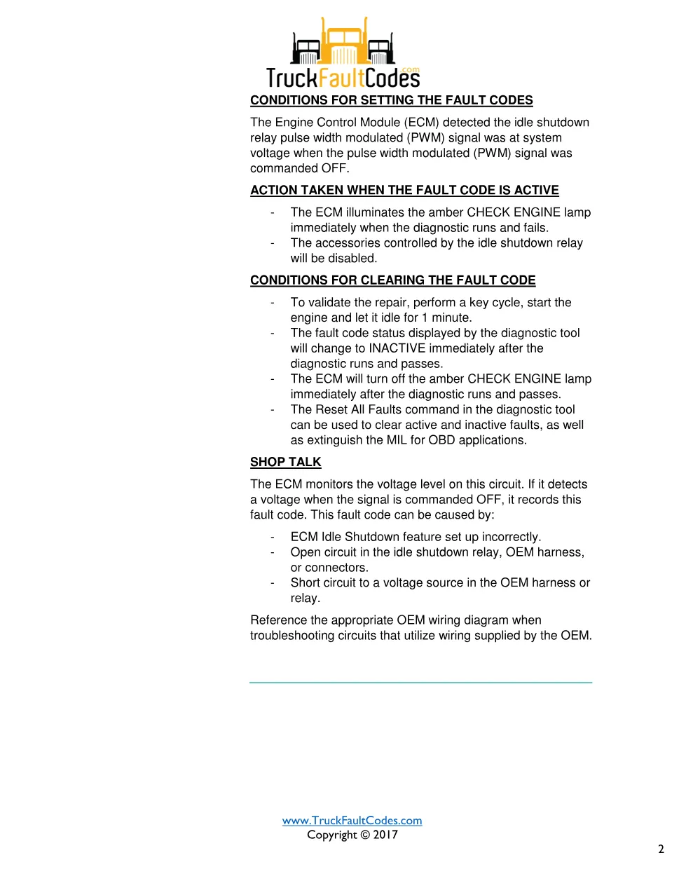 Cummins fault 338 diagnostic procedure – IDLE SHUTDOWN VEHICLE - preview page 2 of 3