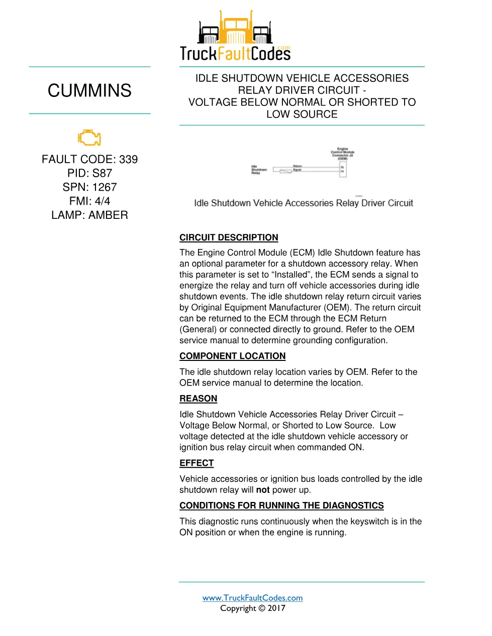 Cummins fault 339 diagnostic procedure – IDLE SHUTDOWN VEHICLE - preview page 1 of 3