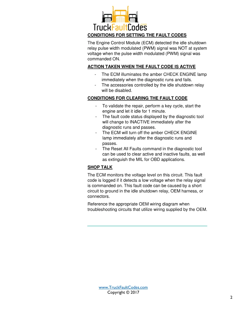 Cummins fault 339 diagnostic procedure – IDLE SHUTDOWN VEHICLE - preview page 2 of 3