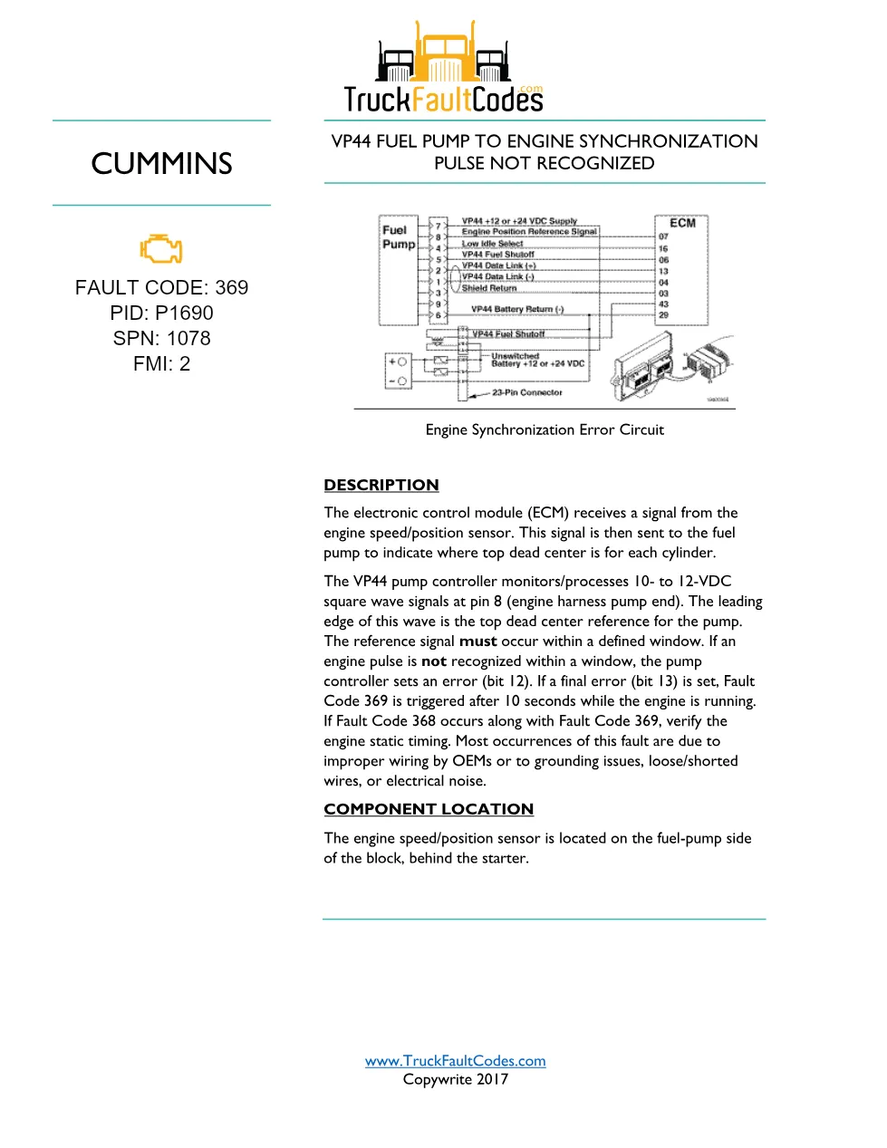 Cummins Fault 369 Troubleshooting Manual — VP44 Fuel Pump – Guide - preview page 1 of 3