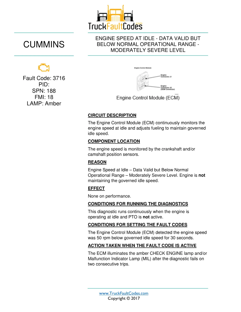 Cummins fault 3716 diagnostic procedure – ENGINE SPEED AT IDLE - preview page 1 of 3