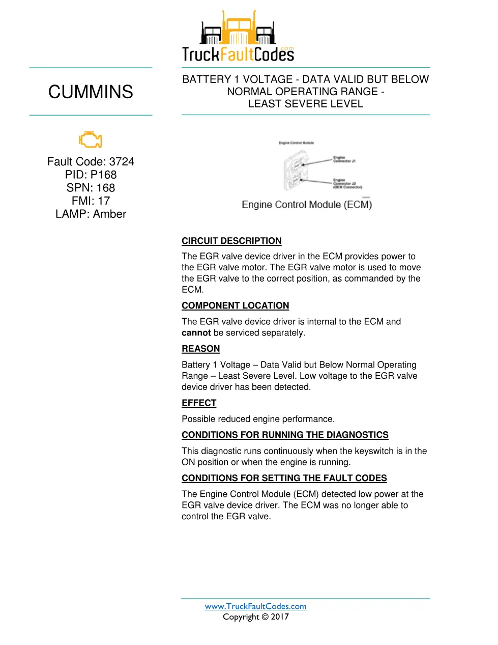 Cummins fault 3724 diagnostic procedure – BATTERY 1 VOLTAGE – PDF - preview page 1 of 3