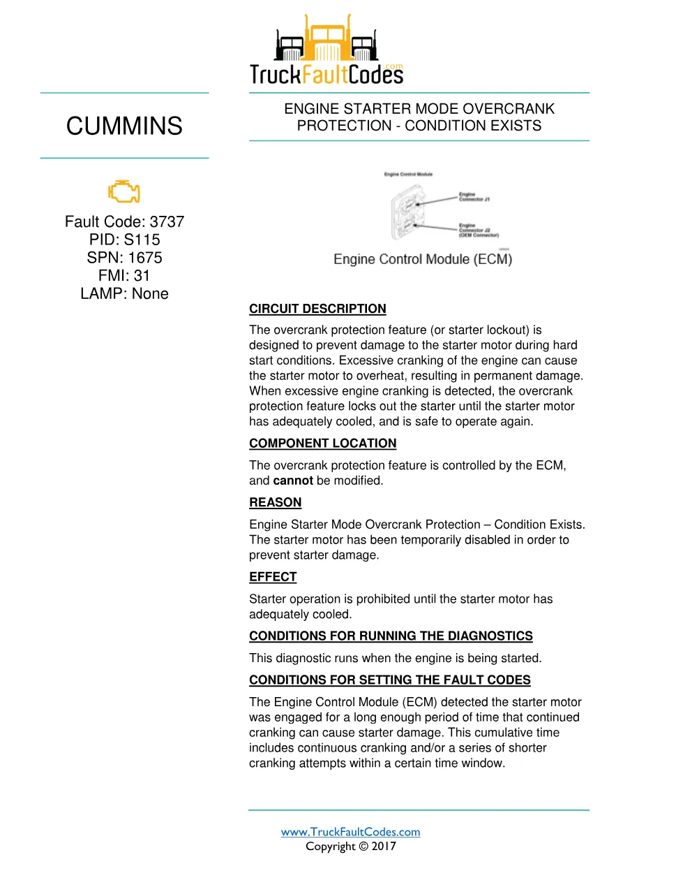 Cummins fault 3737 diagnostic procedure – ENGINE STARTER MODE - preview page 1 of 3