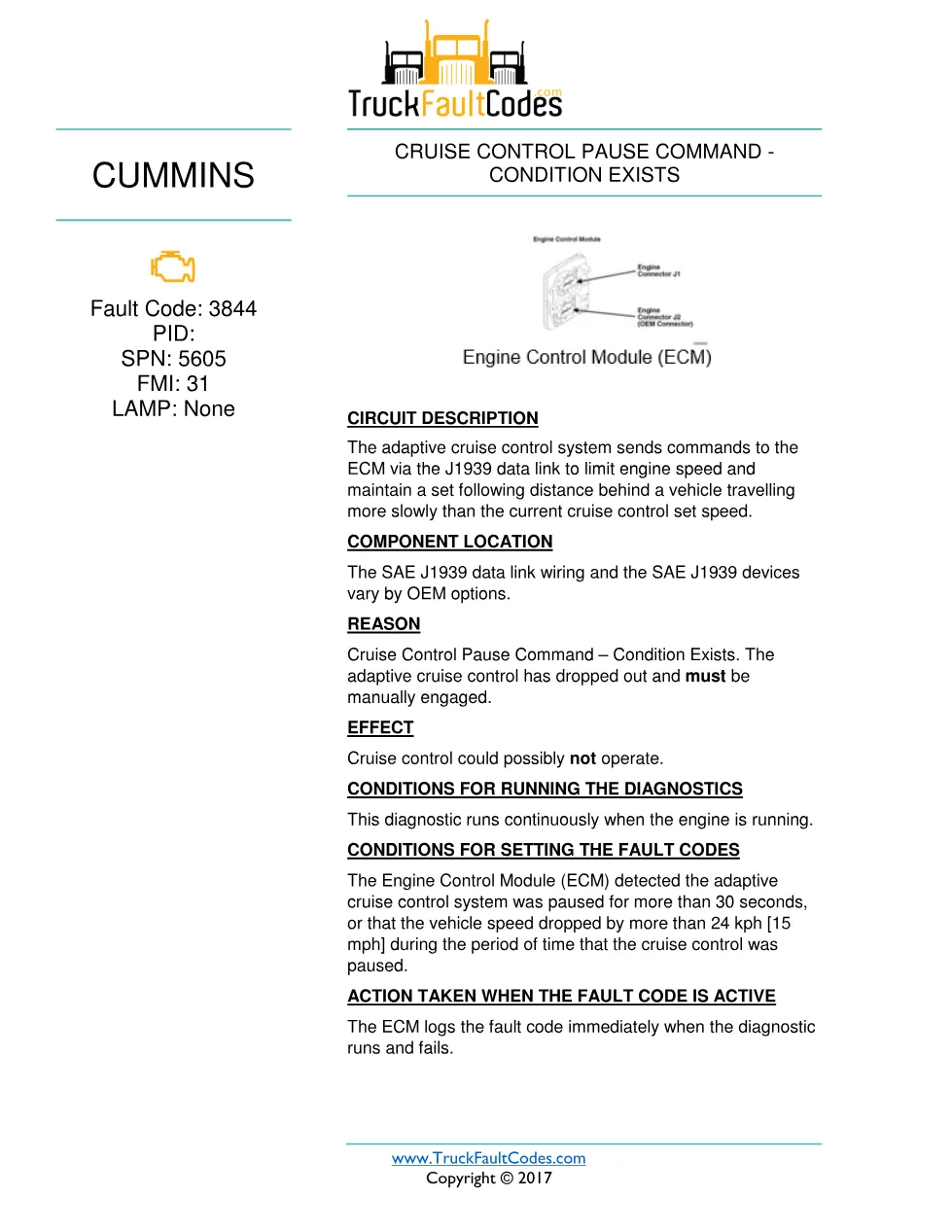 Cummins fault 3844 diagnostic procedure – CRUISE CONTROL PAUSE - preview page 1 of 3
