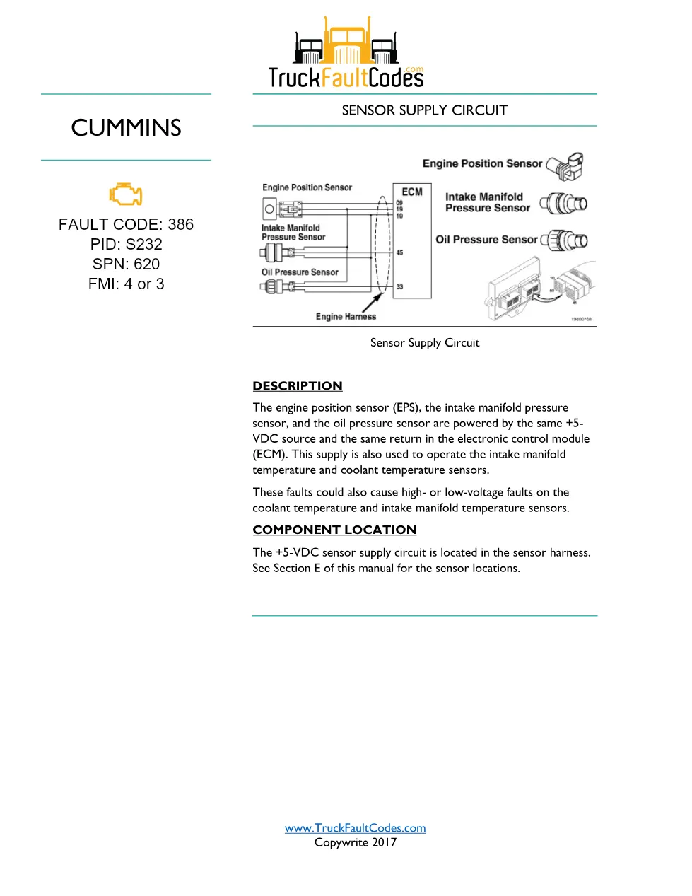 Cummins fault 386 troubleshooting manual — Sensor Supply Circuit - preview page 1 of 3