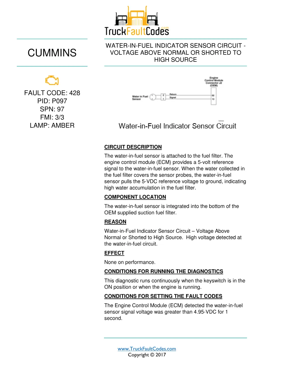 Cummins fault 428 diagnostic procedure – WATER-IN-FUEL INDICATOR - preview page 1 of 3