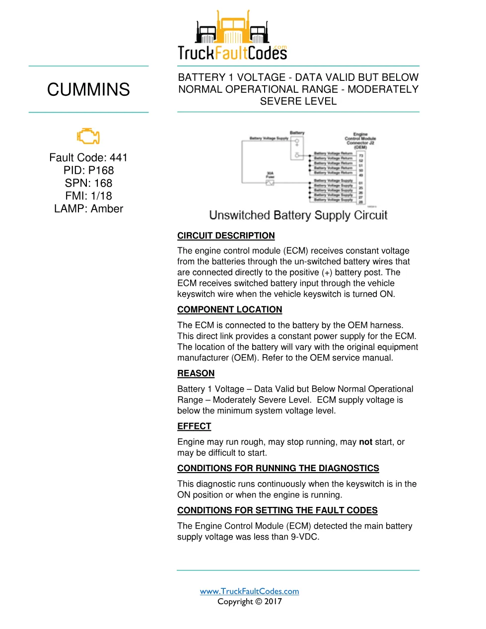 Cummins fault 441 DTCs diagnostic procedure – BATTERY 1 VOLTAGE - preview page 1 of 3