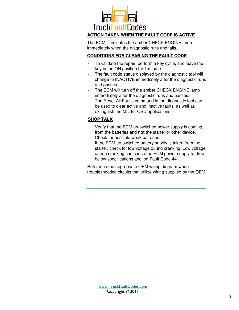 Cummins fault 441 DTCs diagnostic procedure – BATTERY 1 VOLTAGE - preview page 2 of 3
