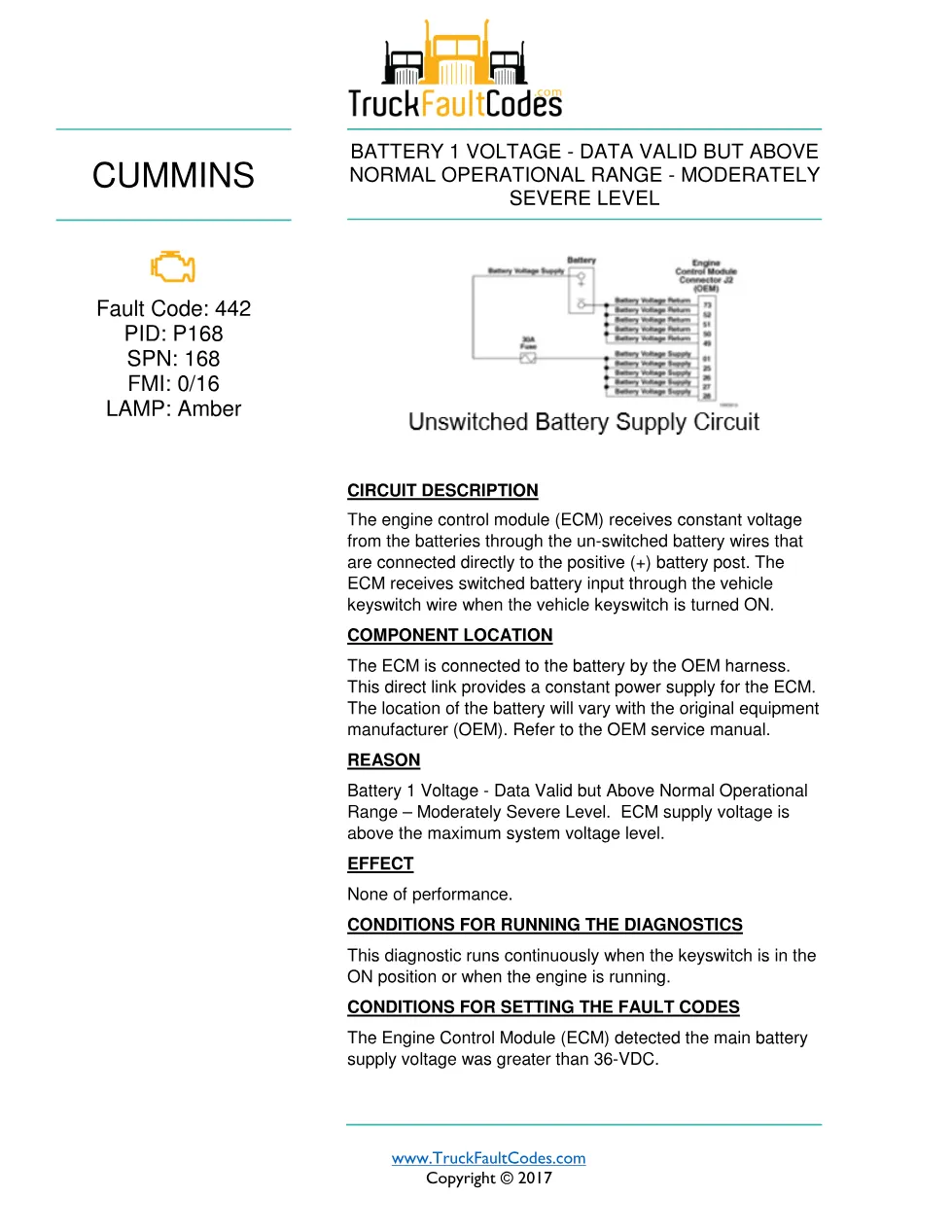 Cummins fault 442 diagnostic procedure – BATTERY 1 VOLTAGE – DATA - preview page 1 of 3