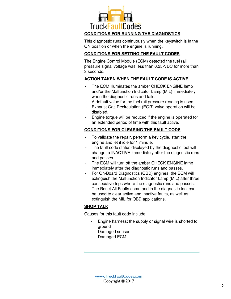 Cummins fault 452 diagnostic procedure – INJECTOR METERING RAIL 1 - preview page 2 of 3
