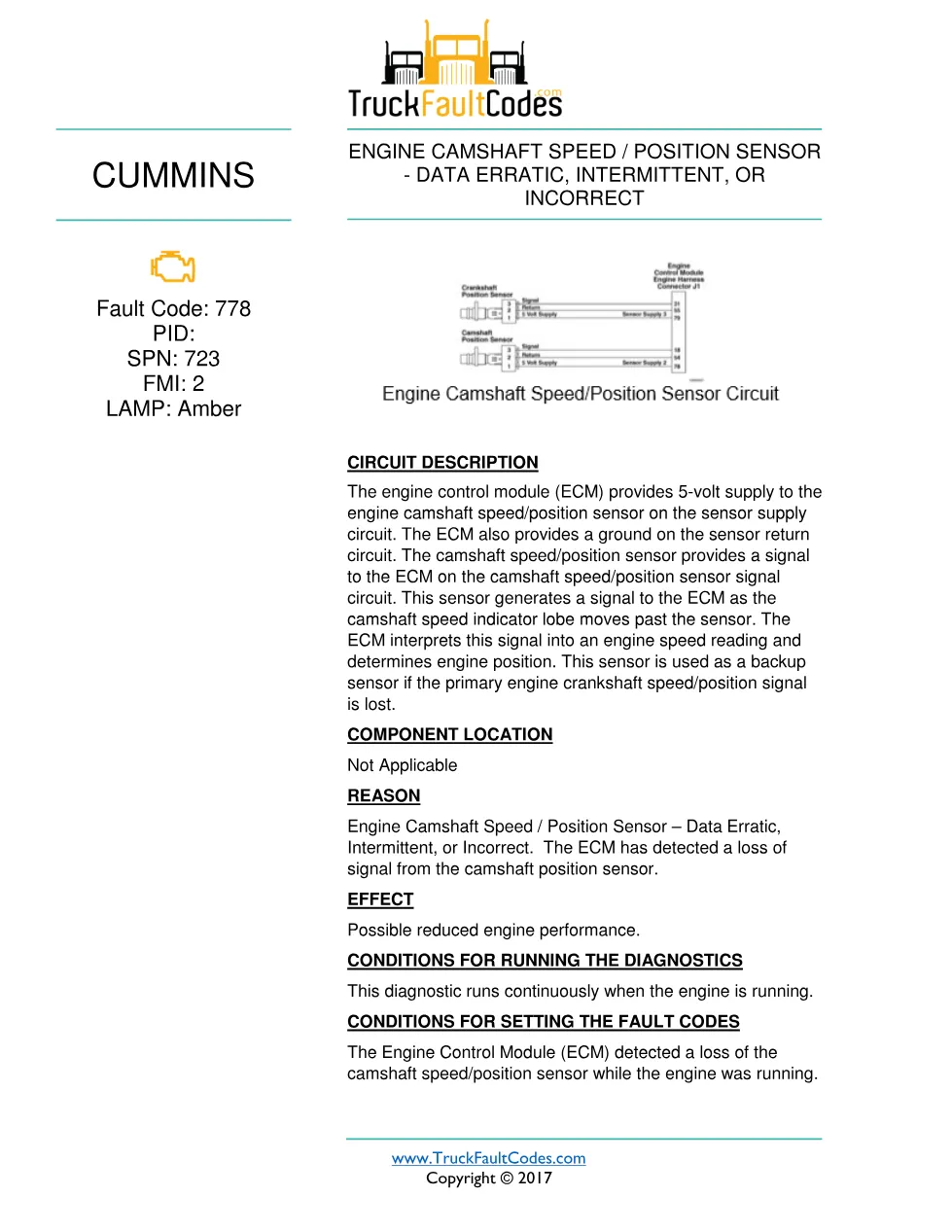 Cummins fault 778 diagnostic procedure – ENGINE CAMSHAFT SPEED / - preview page 1 of 3