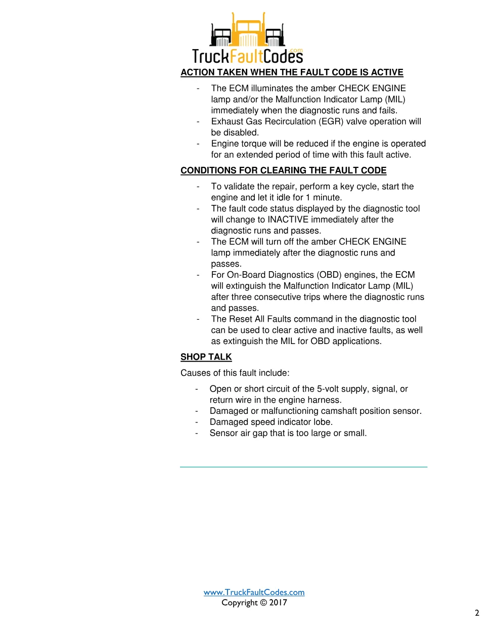 Cummins fault 778 diagnostic procedure – ENGINE CAMSHAFT SPEED / - preview page 2 of 3