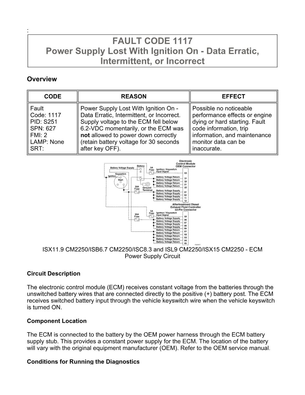 Cummins Fault Code 1117: ECM power supply lost — ISX11.9 CM2250 - preview page 1 of 6