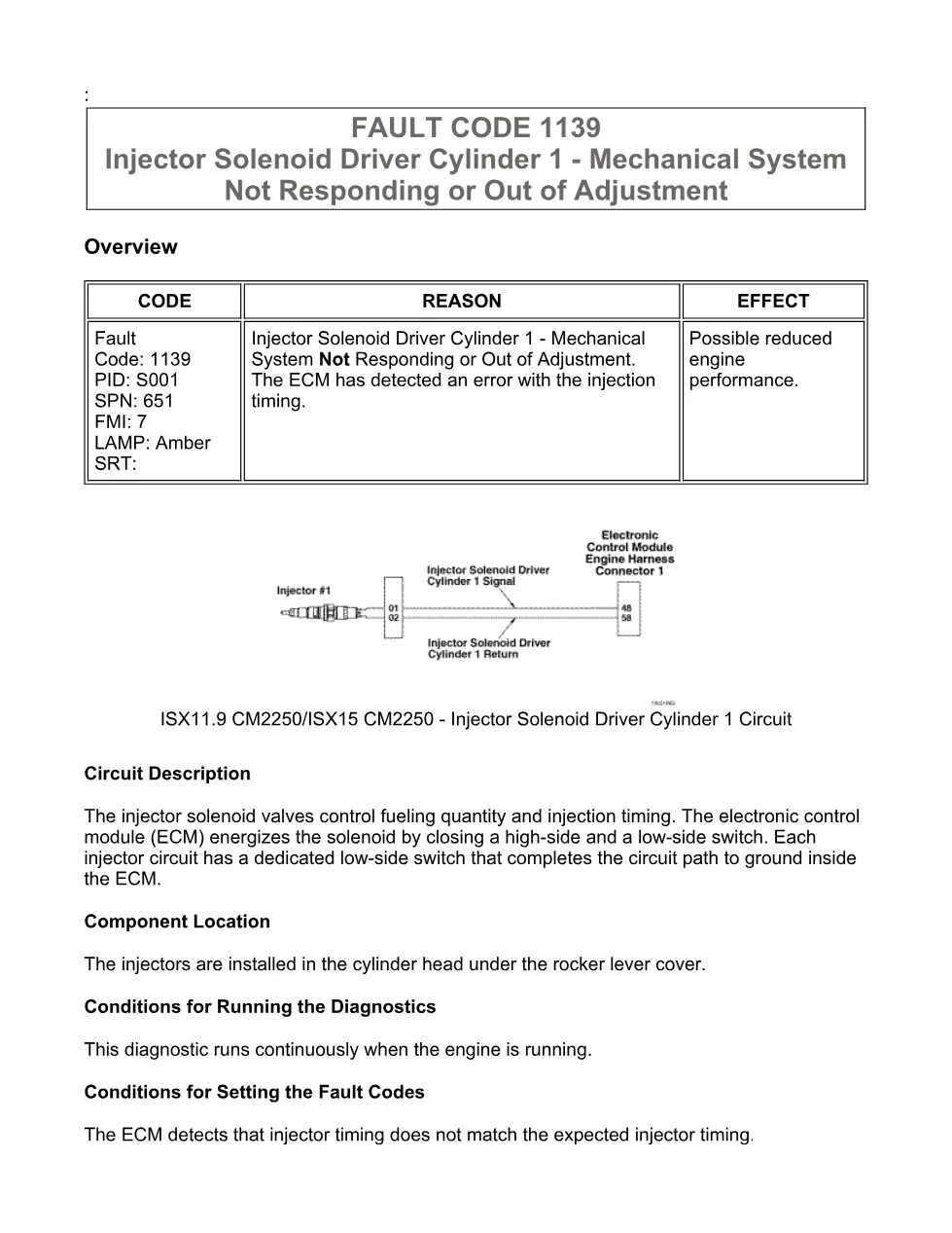 Cummins Fault Code 1139: Injector cylinder 1 driver — ISX11.9 - preview page 1 of 6