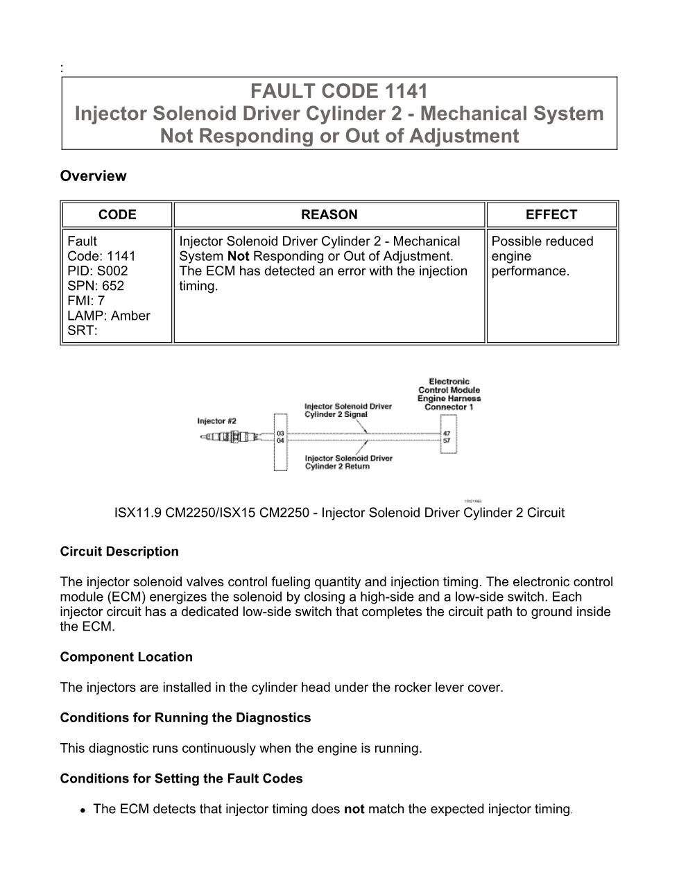 Cummins Fault Code 1141: Injector cylinder 2 driver — ISX11.9 - preview page 1 of 6