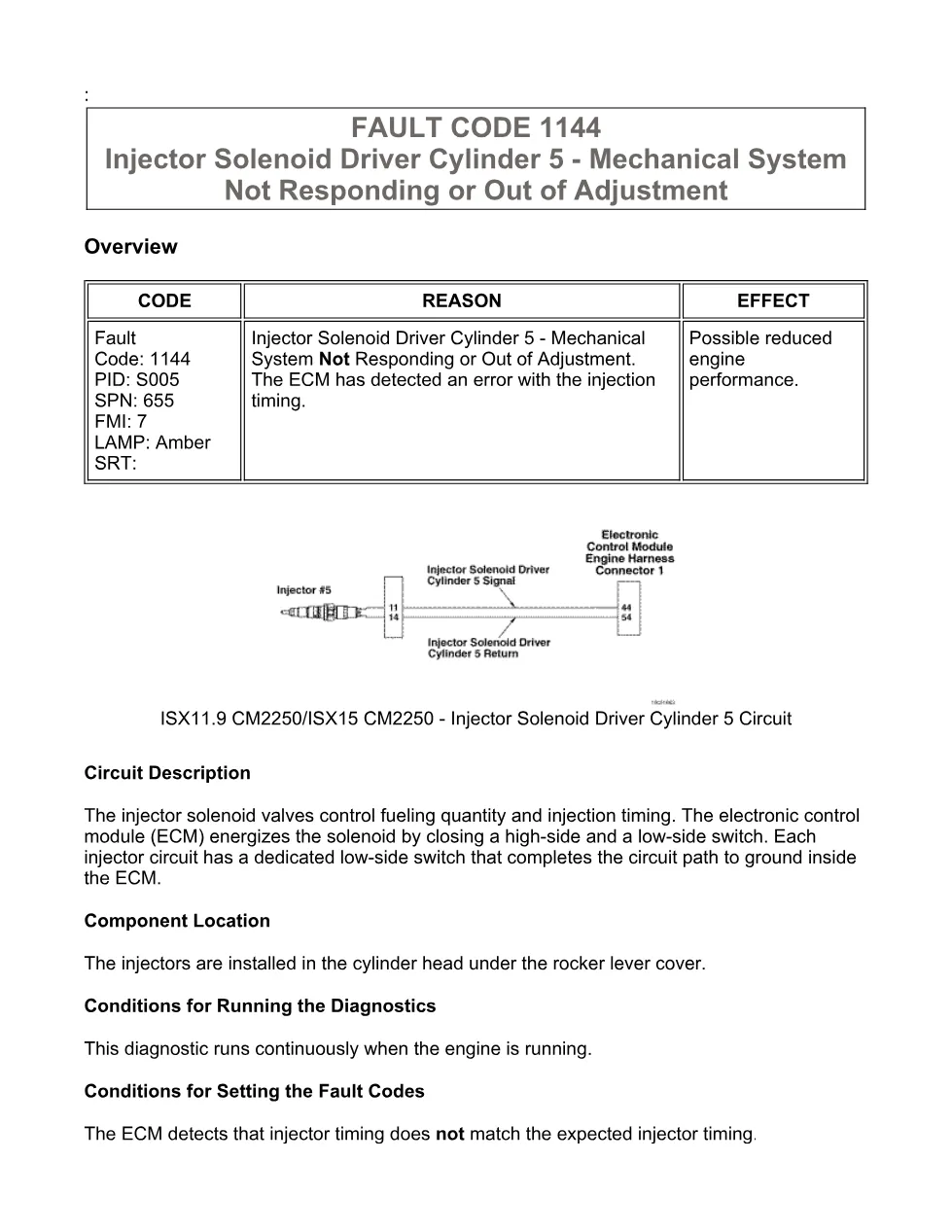 Cummins Fault Code 1144: Injector cylinder 5 driver — ISX11.9 - preview page 1 of 6