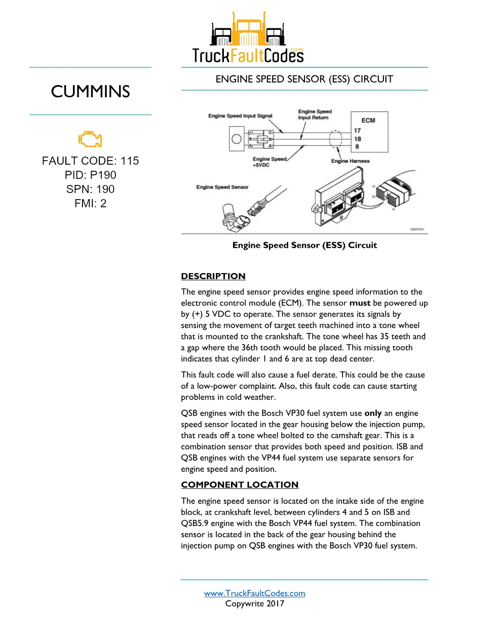 Cummins fault code 115 Troubleshooting Manual — Engine Speed - preview page 1 of 3