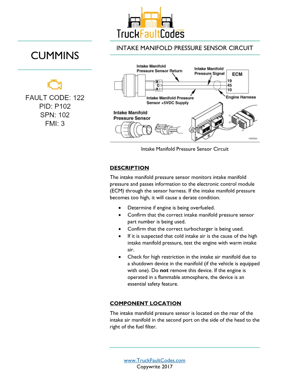 Cummins fault code 122 Troubleshooting Procedure — Fault Code 122 - preview page 1 of 3