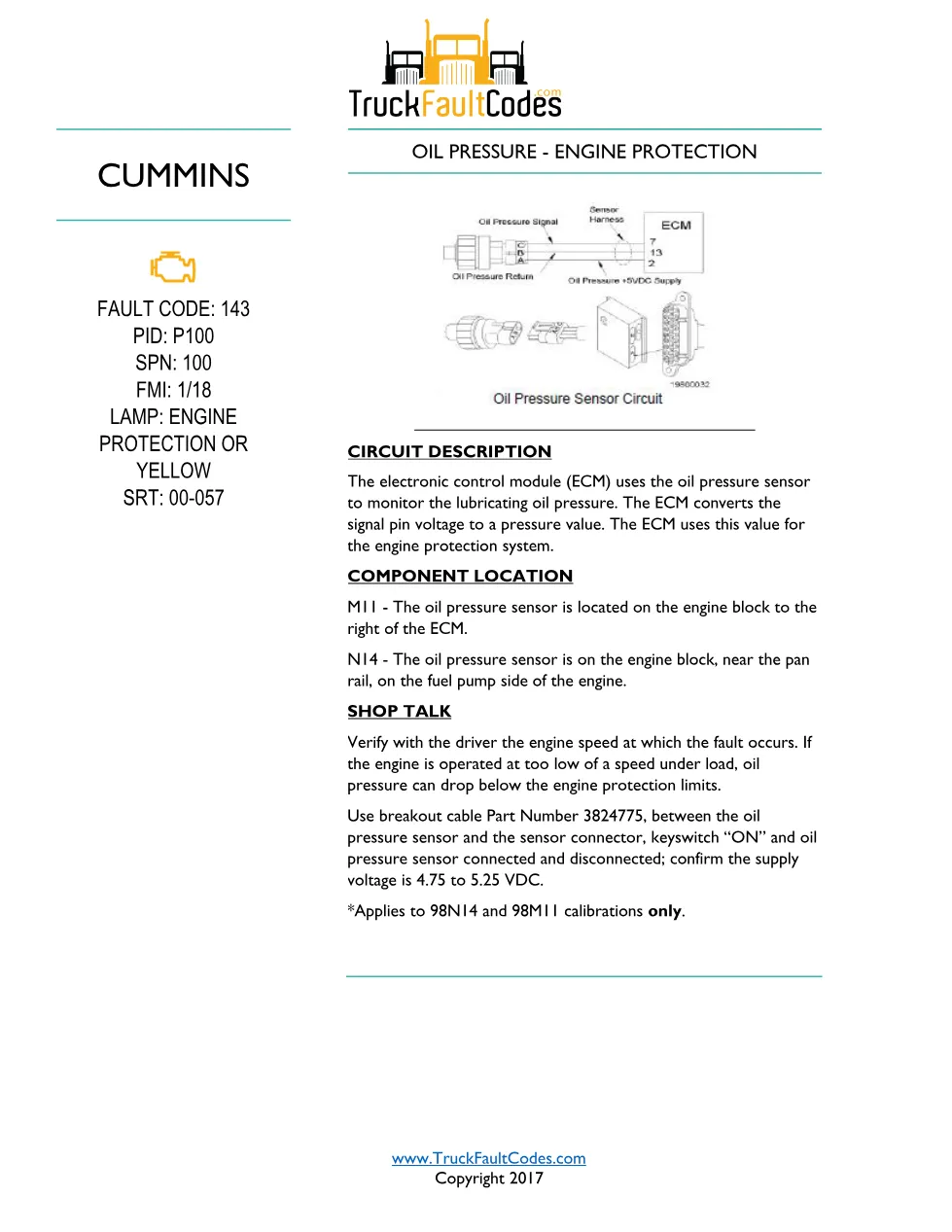 Cummins fault code 143 — Oil Pressure Engine Protection – Service - preview page 1 of 2