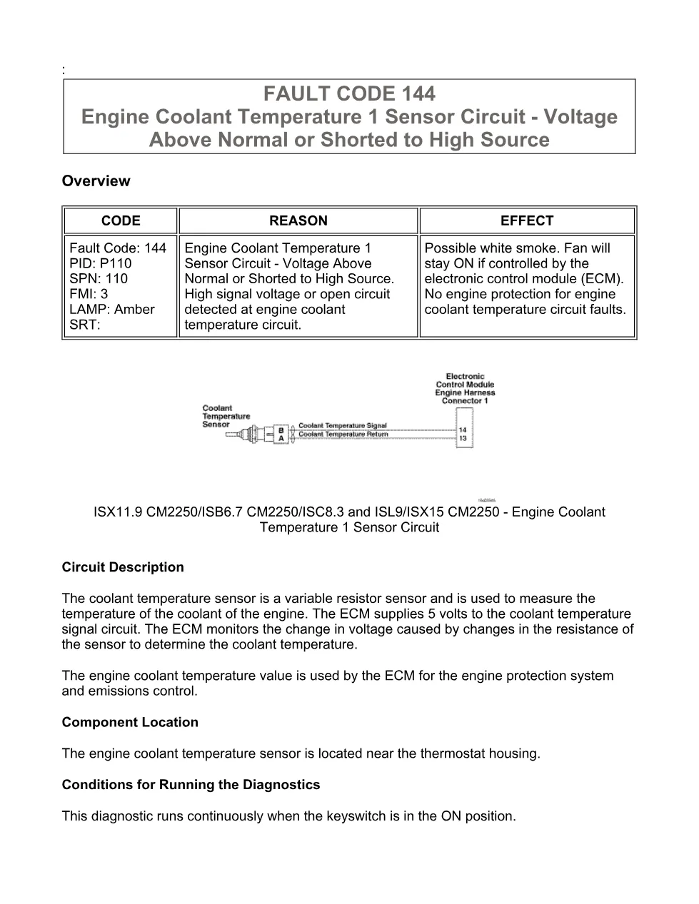 Cummins fault code 144 manual — Engine Coolant Temperature 1 - preview page 1 of 6