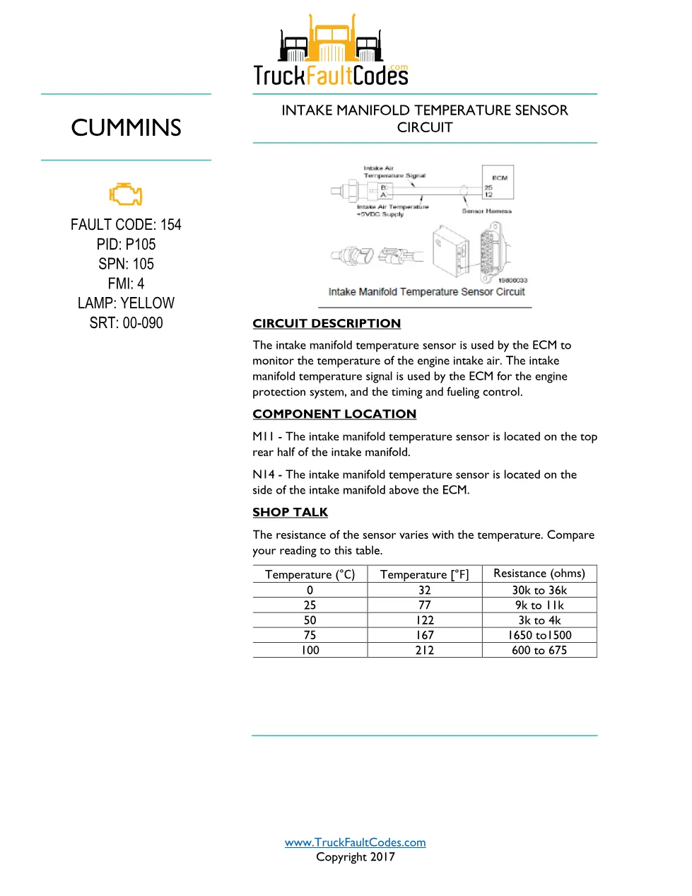 Cummins fault code 154 — Intake Manifold Temperature Sensor - preview page 1 of 6