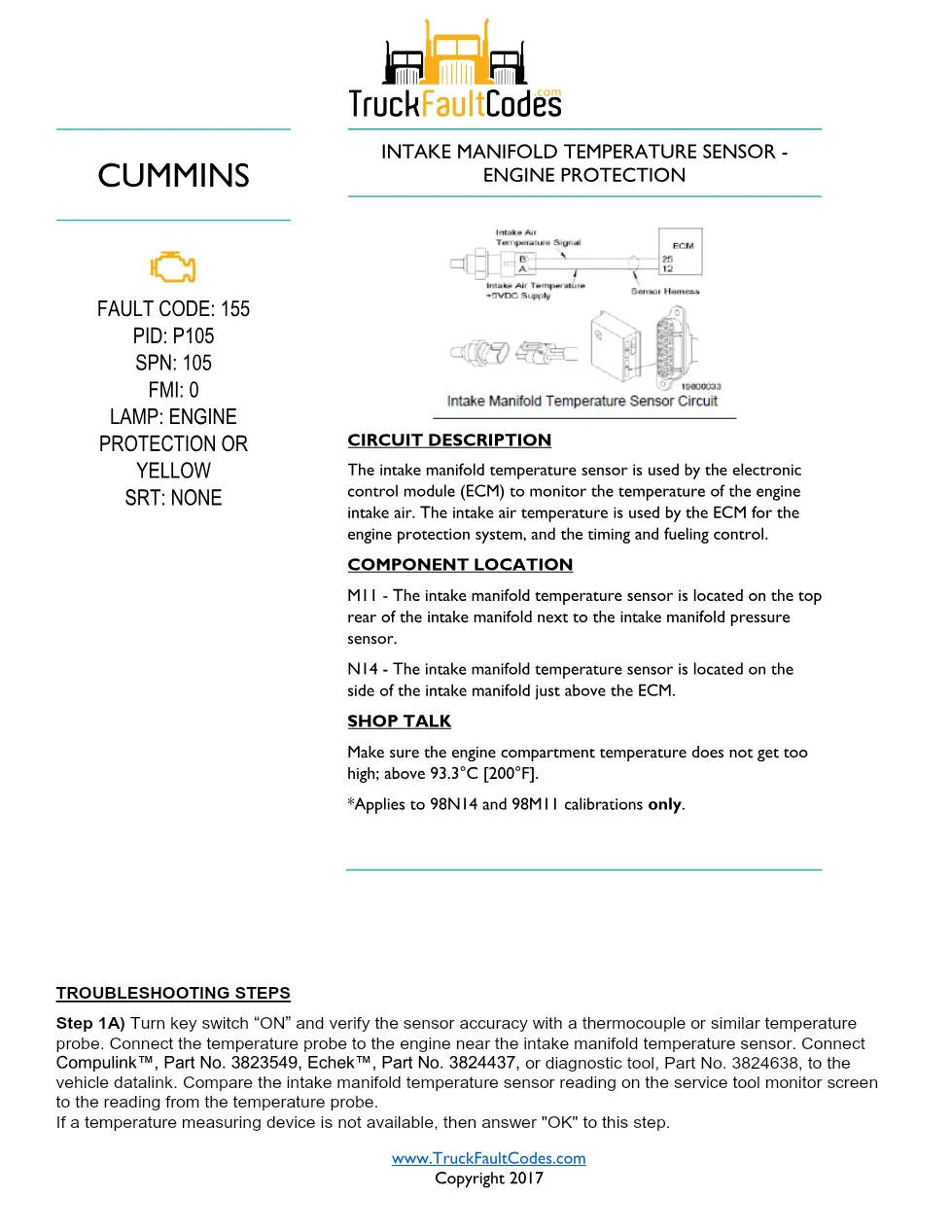 Cummins fault code 155 — Intake Manifold Temperature Engine - preview page 1 of 2