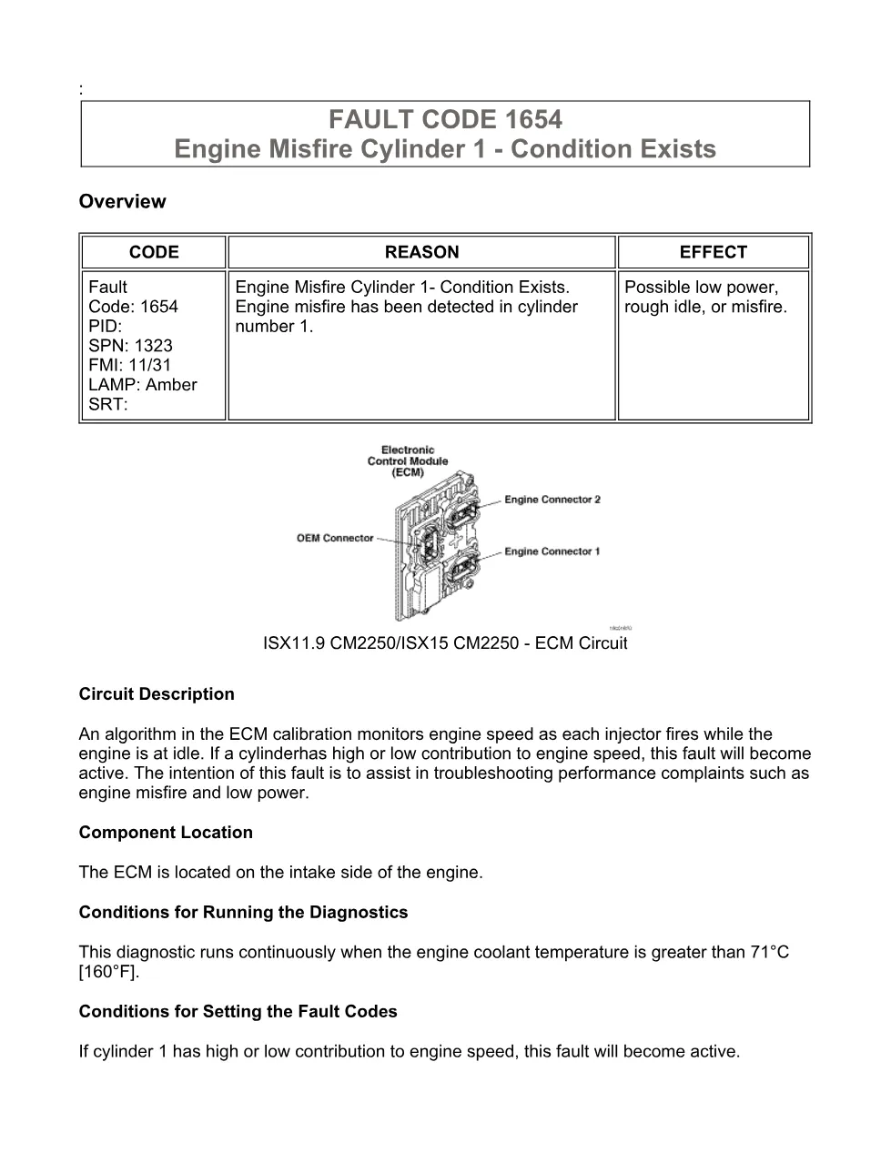 Cummins Fault Code 1654 — Engine Misfire Cylinder 1 — SPN 1323 - preview page 1 of 6
