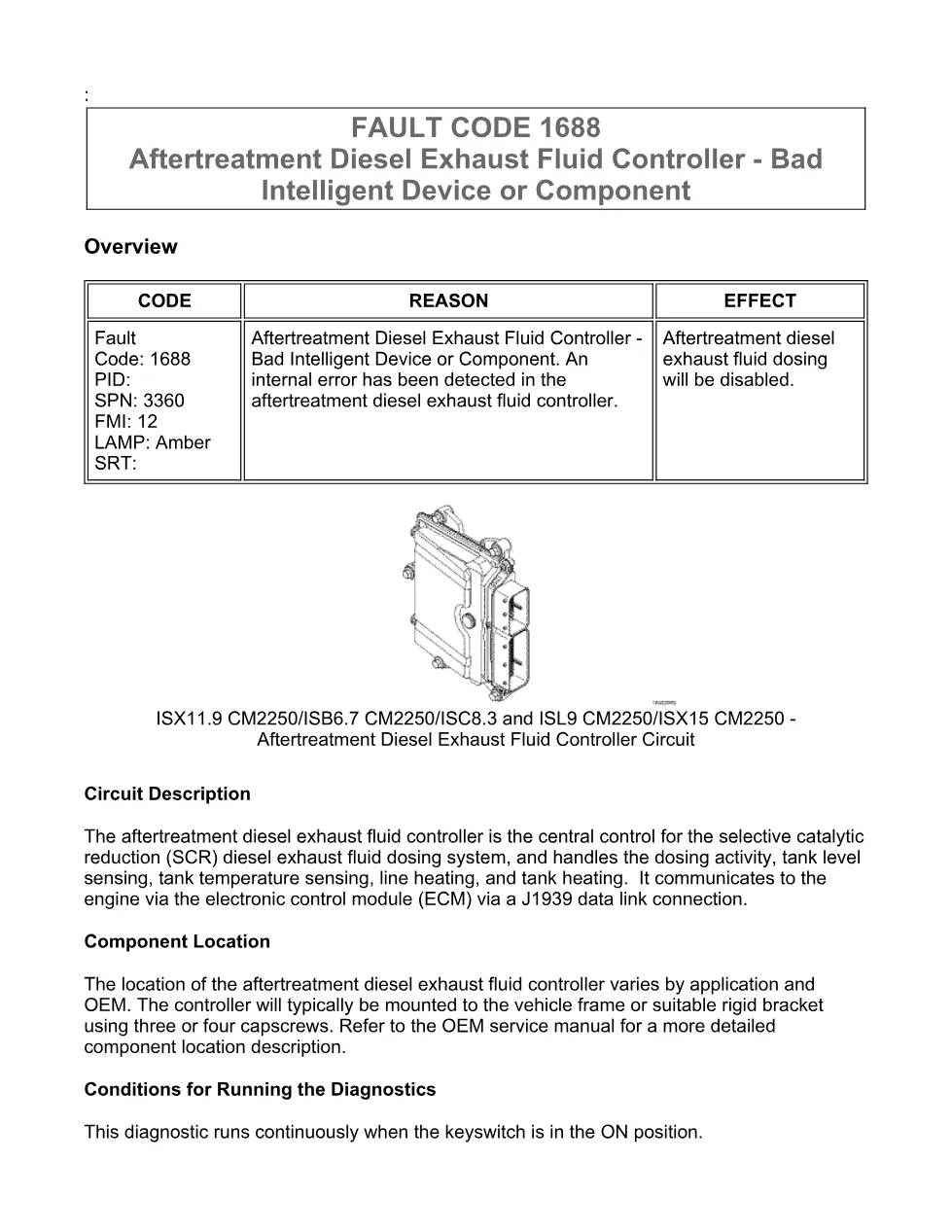 Cummins fault code 1688 — Aftertreatment DEF controller fault - preview page 1 of 6