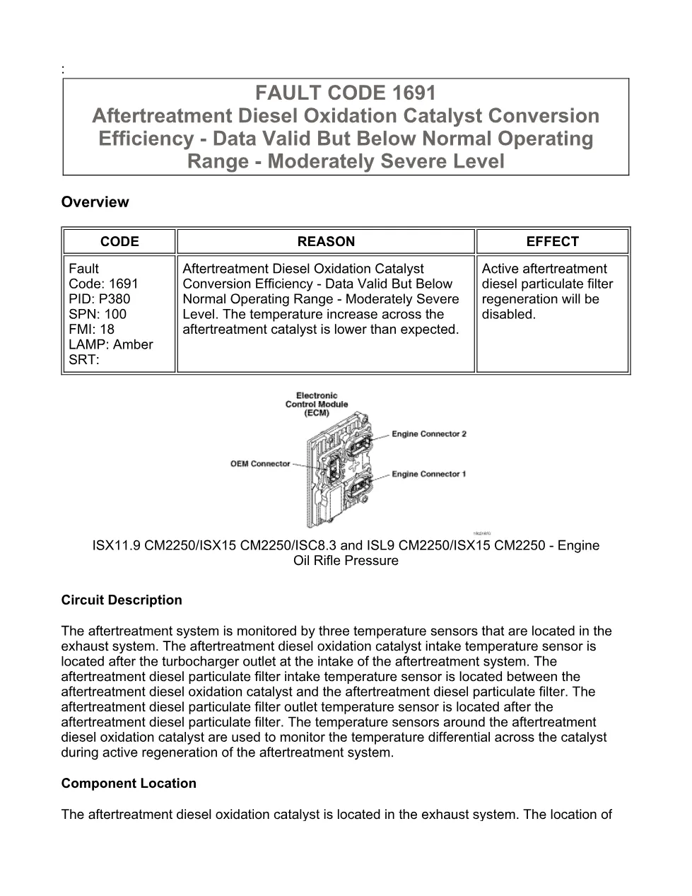 Cummins Fault Code 1691 — DOC Conversion Efficiency — SPN 100 FMI - preview page 1 of 6
